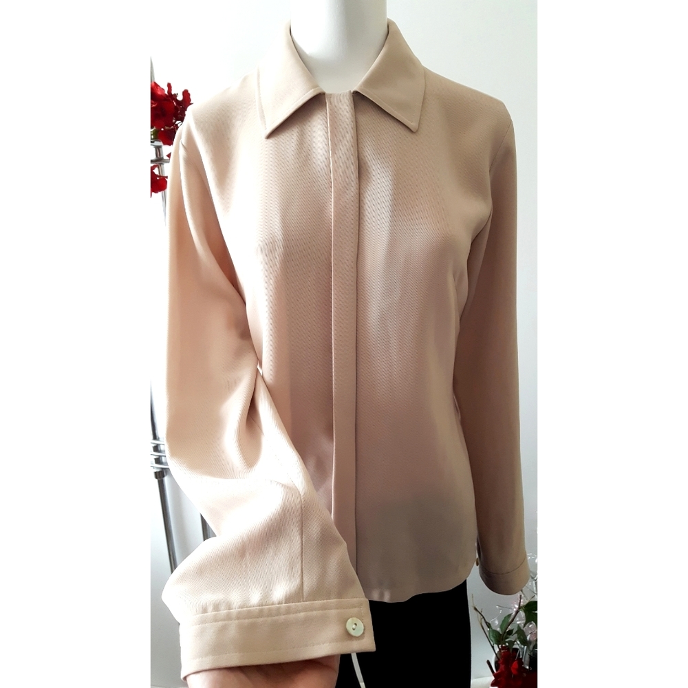 Nine to Five🍂Vintage Baige Crepe Buttons Up Blouse|Long Sleeve Top
